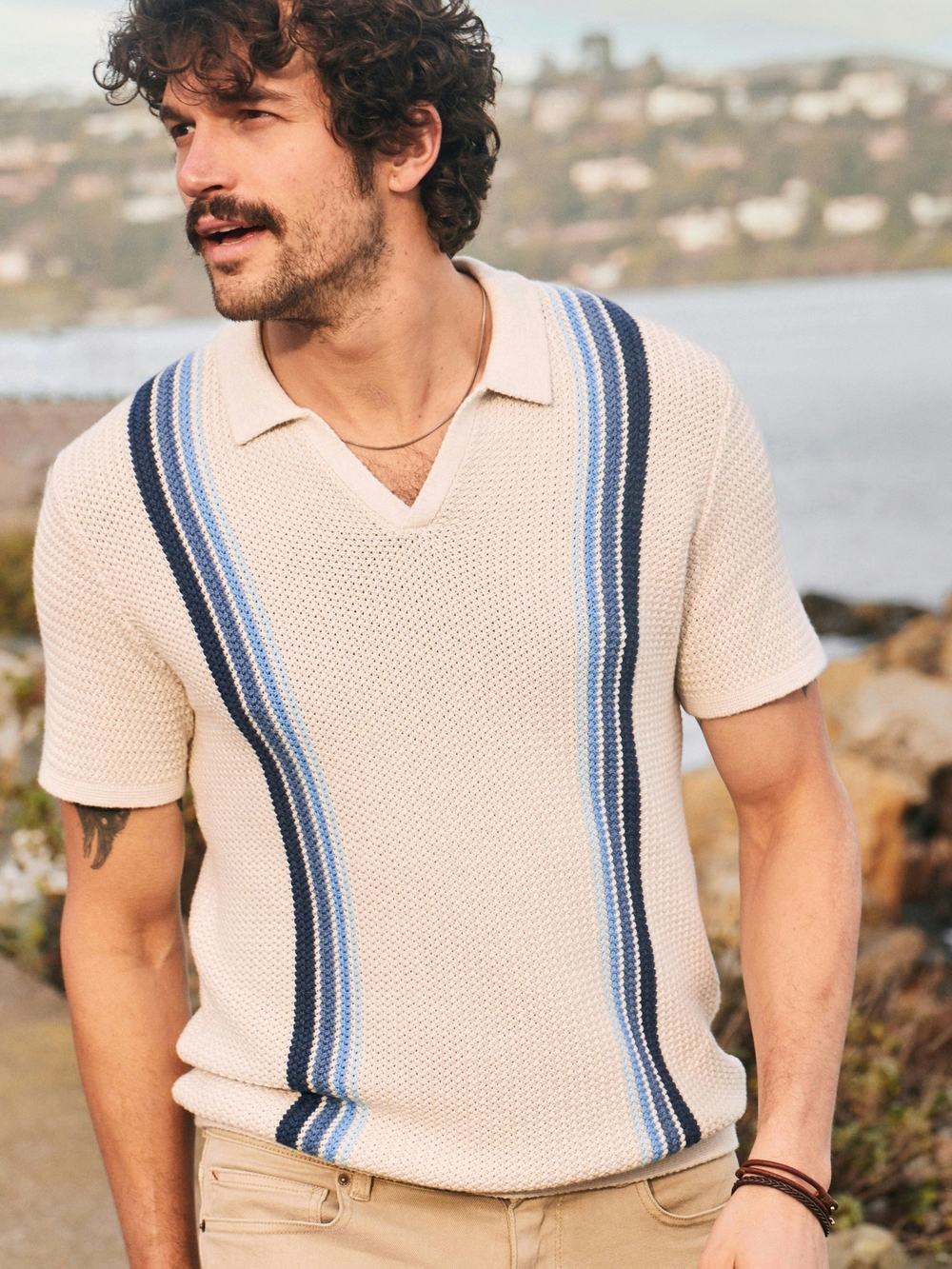 NWT Marine Layer Conrad Vertical Stripe Sweater Polo Oatmeal Blue Stripe Size M